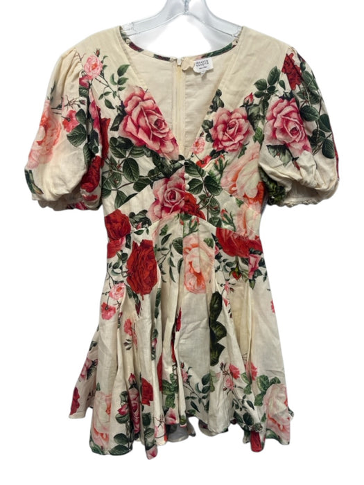 Hemant & Nandita Size S Cream, Pink, Green Cotton Blend Roses V Neck Mini Dress Cream, Pink, Green / S