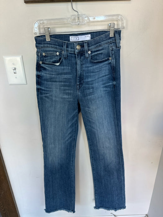 AYR Size 27L Med Dark Wash Cotton Blend High Waist Straight Leg Raw Hem Jeans