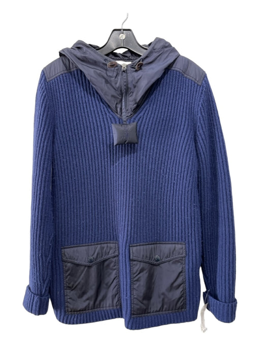 Moncler Size M Navy Blue & Black Wool Ribbed Knit Hood Front Pockets Sweater Navy Blue & Black / M