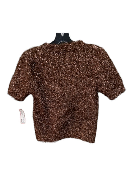 MNG Size S Bronze Polyester Metallic Fuzzy Short Sleeve Mock Neck Top Bronze / S