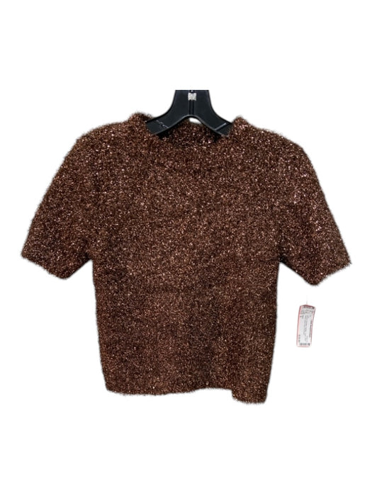 MNG Size S Bronze Polyester Metallic Fuzzy Short Sleeve Mock Neck Top Bronze / S