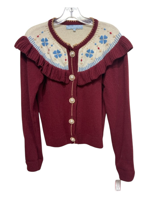 Hill House Size S Burgundy Red, Cream, Blue Virgin Wool Ruffle Detail Sweater Burgundy Red, Cream, Blue / S