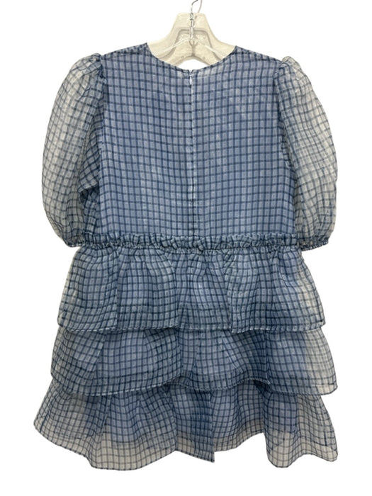 Ganni Size 36 Blue & Black Polyester Half Puff Sleeve Plaid Ruffle Tiered Dress Blue & Black / 36