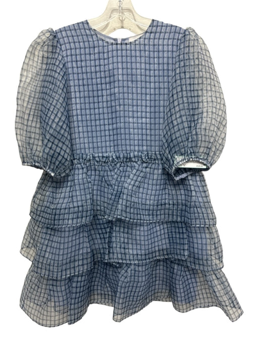 Ganni Size 36 Blue & Black Polyester Half Puff Sleeve Plaid Ruffle Tiered Dress Blue & Black / 36