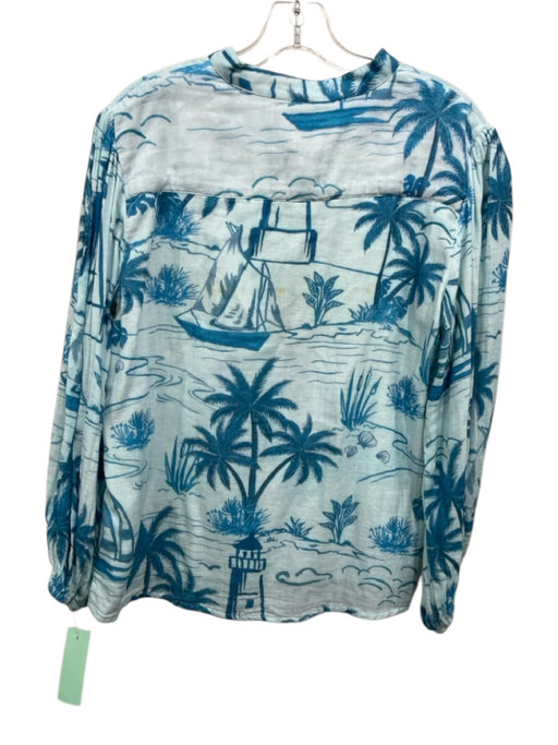 Marigold Size NWT Blue Multi Cotton Long Sleeve Beach Scene Button Front Top Blue Multi / NWT