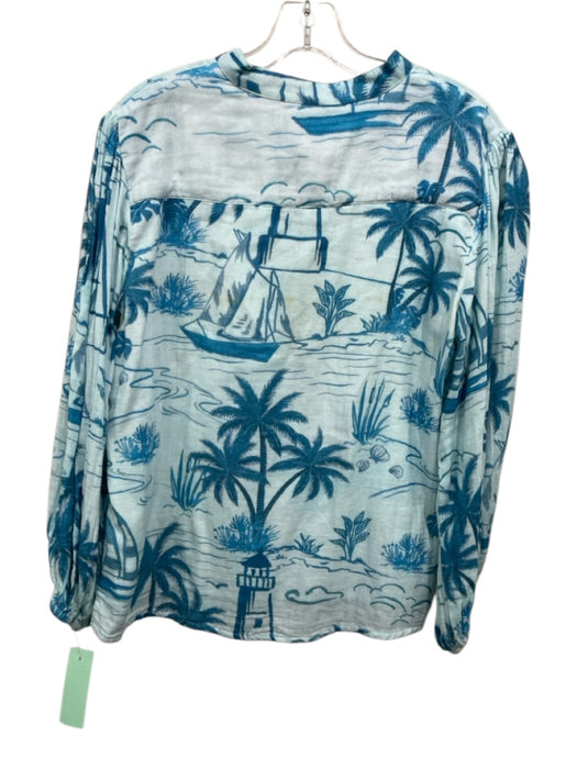 Marigold Size NWT Blue Multi Cotton Long Sleeve Beach Scene Button Front Top Blue Multi / NWT