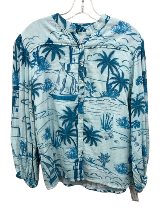 Marigold Size NWT Blue Multi Cotton Long Sleeve Beach Scene Button Front Top Blue Multi / NWT