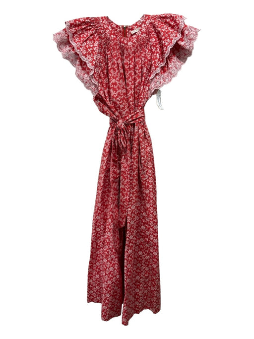 Ulla Johnson Size 4 Red & White Cotton Ruffle Cap Sleeve Floral Pleated Jumpsuit Red & White / 4