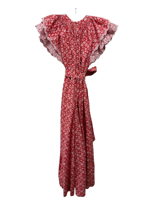 Ulla Johnson Size 4 Red & White Cotton Ruffle Cap Sleeve Floral Pleated Jumpsuit Red & White / 4