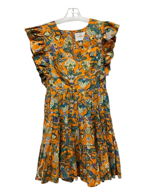 Double J Size M Green & Orange Print Cotton Floral Mini Back Zip Dress Green & Orange Print / M