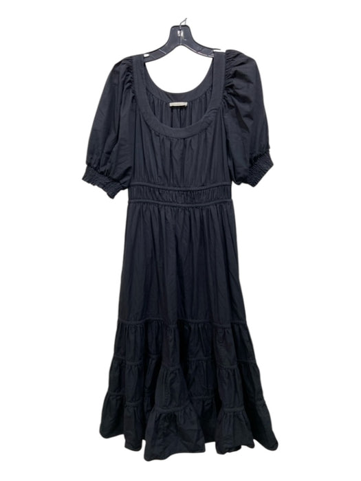 Ulla Johnson Size 4 Black Cotton Tiered Maxi Side Zip boat neck Dress Black / 4