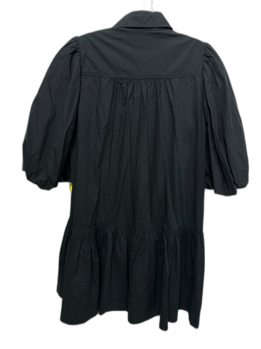 Lee Mathews Size 0 Black Cotton Short Puff Sleeve Collared Ruffle Accent Dress Black / 0