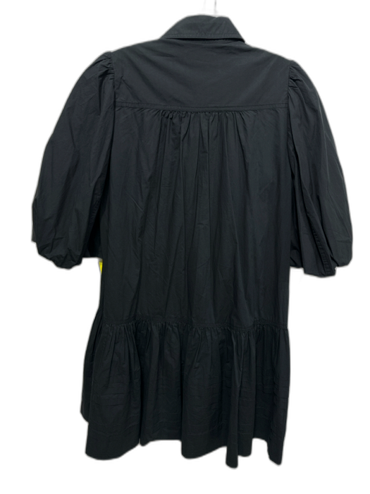 Lee Mathews Size 0 Black Cotton Short Puff Sleeve Collared Ruffle Accent Dress Black / 0