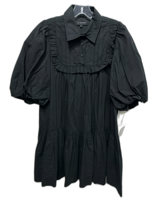Lee Mathews Size 0 Black Cotton Short Puff Sleeve Collared Ruffle Accent Dress Black / 0