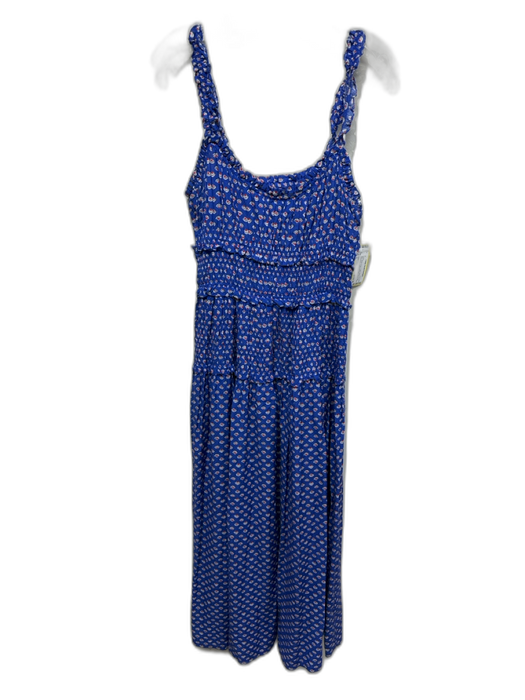 Doen Size L Blue, White & Red Cotton Blend Floral Sleeveless Elastic Waist Dress Blue, White & Red / L
