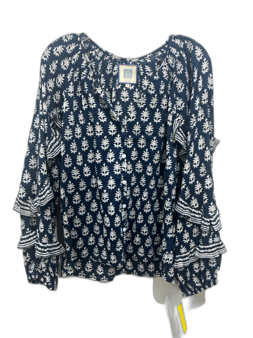 Bell by Alicia Bell Size M Navy Blue & White Cotton & Silk Block Printed Top Navy Blue & White / M