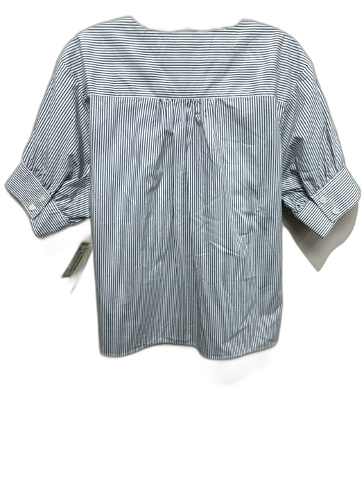 Frame Size L White & Navy Blue Cotton Pinstripe Short Balloon Sleeve V Neck Top White & Navy Blue / L