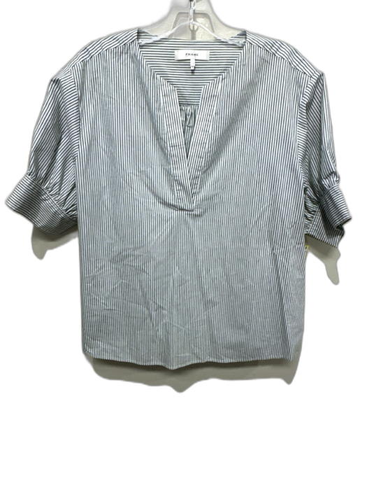 Frame Size L White & Navy Blue Cotton Pinstripe Short Balloon Sleeve V Neck Top White & Navy Blue / L