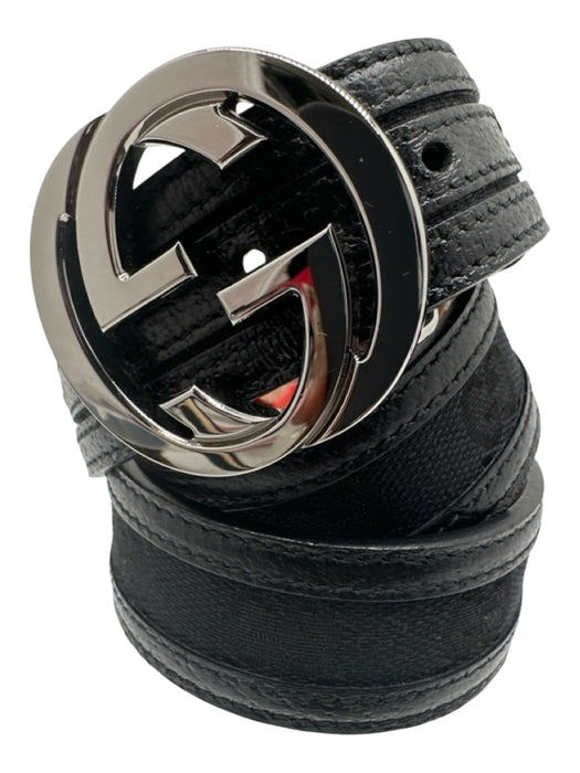 Gucci Black Canvas & Leather Gunmetal Hardware Interlocking GG Peg Clasp Belts Black / 85/34