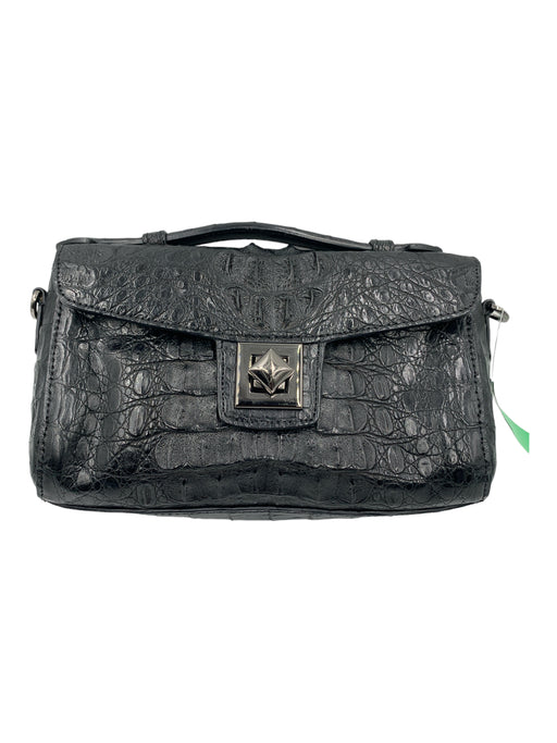 Byron Black Crocodile Leather Top Strap Turn Lock Clutch Bag Black / S
