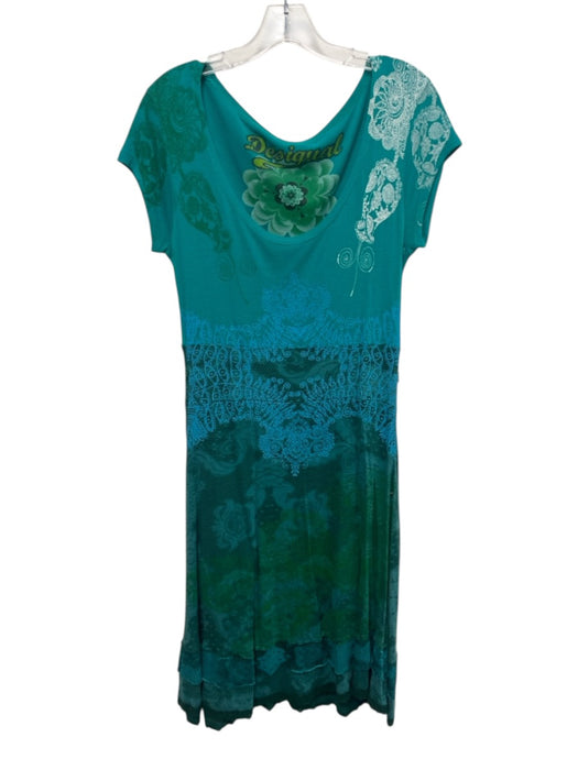 Desigual Size L Green & Blue Cotton Short Sleeve Embroidered Floral Dress Green & Blue / L