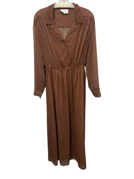 American Vintage Size L Brown & Black Polyester Long Sheer Sleeves Buttons Dress Brown & Black / L
