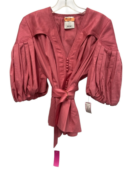Acler Size 2 Rose Pink Cotton 3/4 Balloon Sleeve Gingham Button Up Belt Inc Top Rose Pink / 2