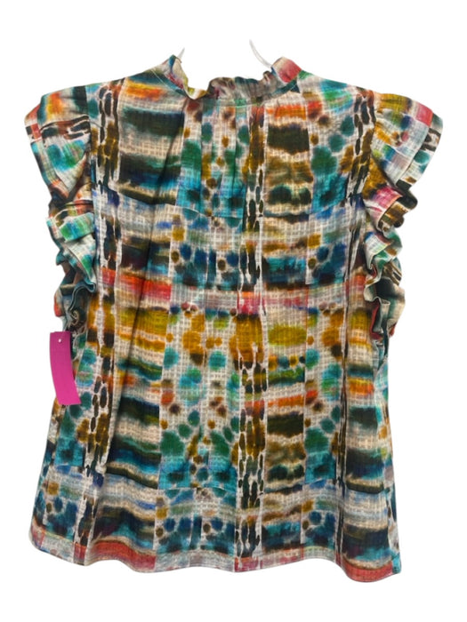 Marie Oliver Size XS White & Multi Linen & Silk Flutter Cap sleeve V Neck Top White & Multi / XS