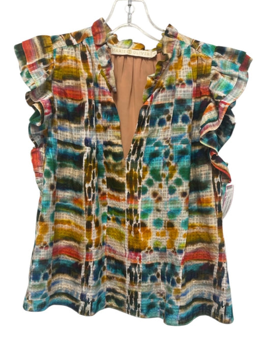Marie Oliver Size XS White & Multi Linen & Silk Flutter Cap sleeve V Neck Top White & Multi / XS