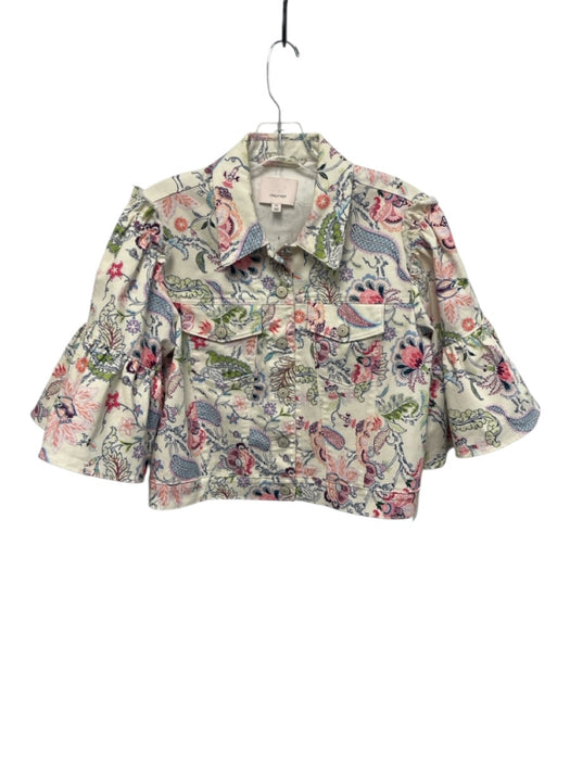Cinq a Sept Size XS White & Multi Cotton Denim Paisley Half Bell Sleeve Jacket White & Multi / XS