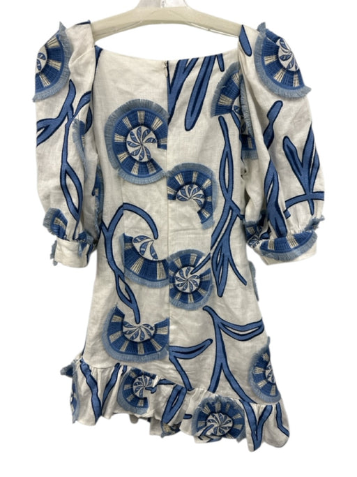 Alexis Size S Blue & White Linen Half Balloon Sleeve Abstract Floral Mini Dress Blue & White / S
