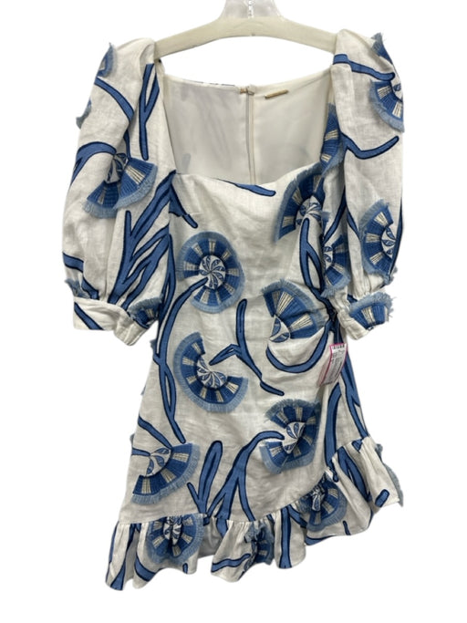 Alexis Size S Blue & White Linen Half Balloon Sleeve Abstract Floral Mini Dress Blue & White / S