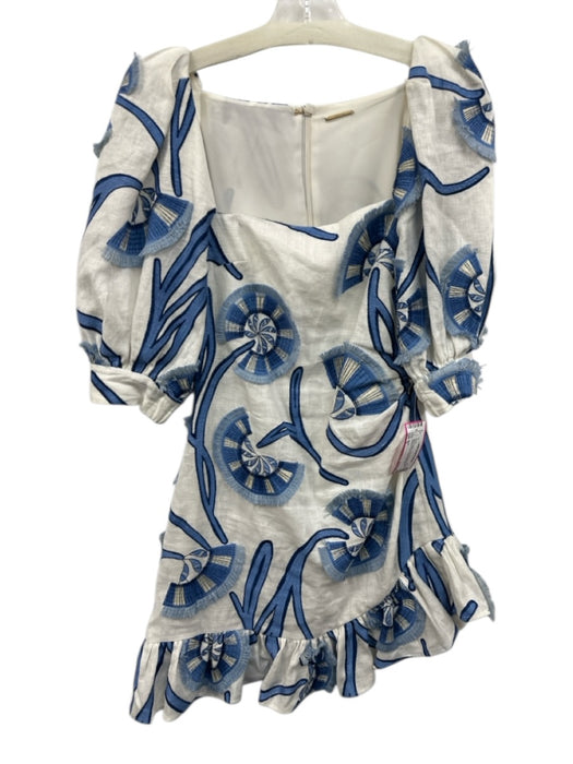Alexis Size S Blue & White Linen Half Balloon Sleeve Abstract Floral Mini Dress Blue & White / S