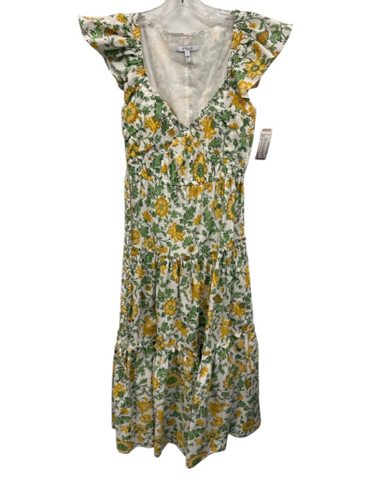Derek Lam 10 Crosby Size 2 White, Green, Yellow Cotton Ruffle Cap Sleeve Dress White, Green, Yellow / 2