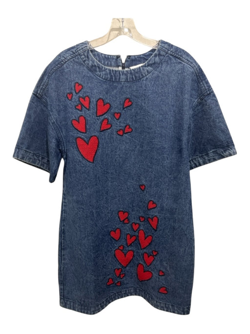 Dhruv Kapoor Size M Blue & Red Cotton Denim Short Sleeve Hearts Back Zip Dress Blue & Red / M