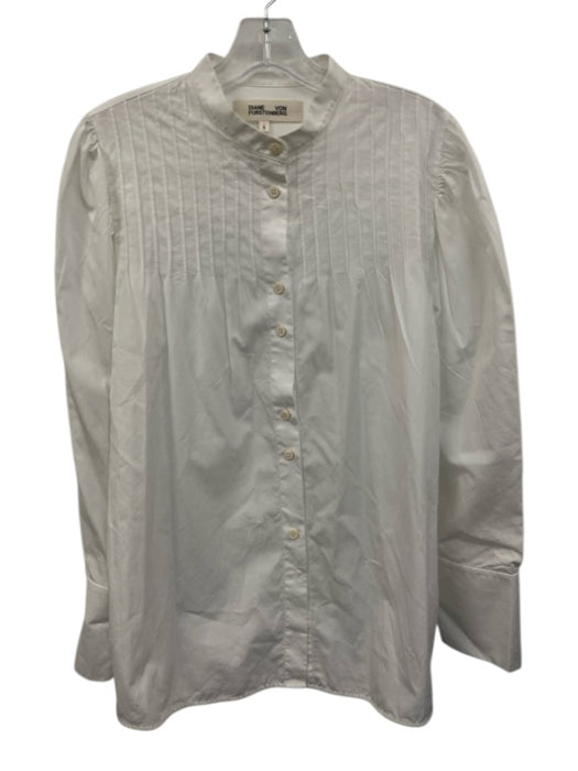 Diane Von Furstenberg Size 8 White Cotton Long Sleeve Pintuck Buttons Blouse Top White / 8