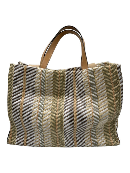 Cole Haan Beige, Green, Brown Straw Leather straps Stripe Tote Bag Beige, Green, Brown / M/L