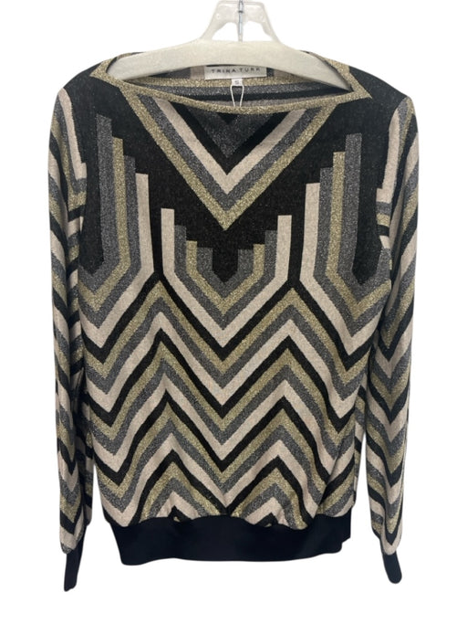 Trina Turk Size S Black, Gold, Silver Viscose Blend Long Sleeve Wide Neck Top Black, Gold, Silver / S