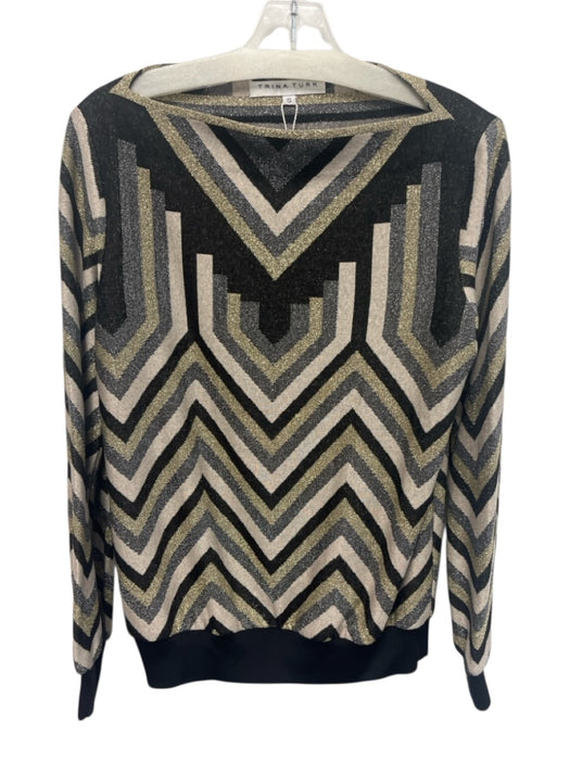 Trina Turk Size S Black, Gold, Silver Viscose Blend Long Sleeve Wide Neck Top Black, Gold, Silver / S