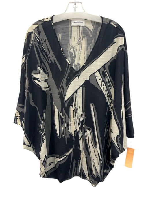 Emilio Pucci Size 8 Black, Gray, White Wool & Polyamide V Neck Short Sleeve Top Black, Gray, White / 8