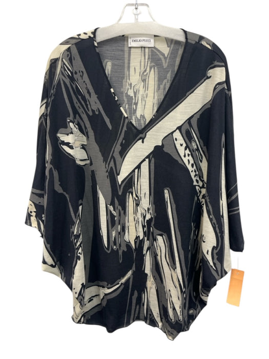 Emilio Pucci Size 8 Black, Gray, White Wool & Polyamide V Neck Short Sleeve Top Black, Gray, White / 8