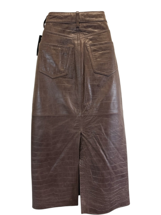 Frame Size 25 Brown Lamb leather Croc Embossed Zip Fly Back Slit Midi Skirt Brown / 25