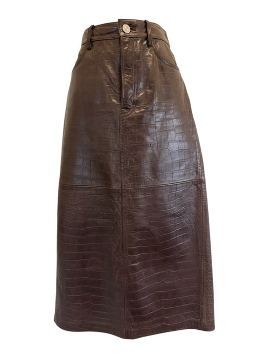 Frame Size 25 Brown Lamb leather Croc Embossed Zip Fly Back Slit Midi Skirt Brown / 25