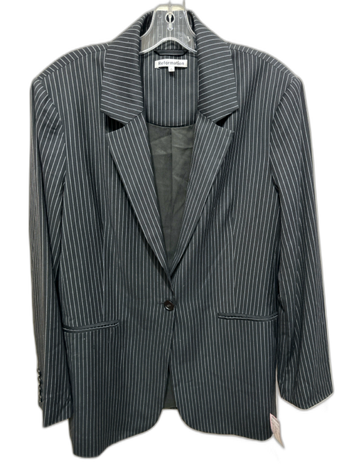 Reformation Size L Black & White Polyester Blend Lapel Pin Stripe Midi Coat Black & White / L