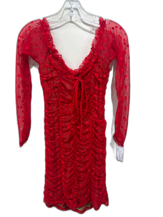 Majorelle Size M red & beige Nylon Blend Sheer Overlay Polka Dot Cinched Dress red & beige / M