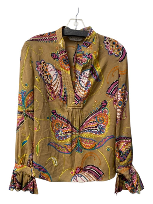 Trina Turk Size Est XS Tan & multi Silk Long Sleeve Paisley Print V Neck Top Tan & multi / Est XS