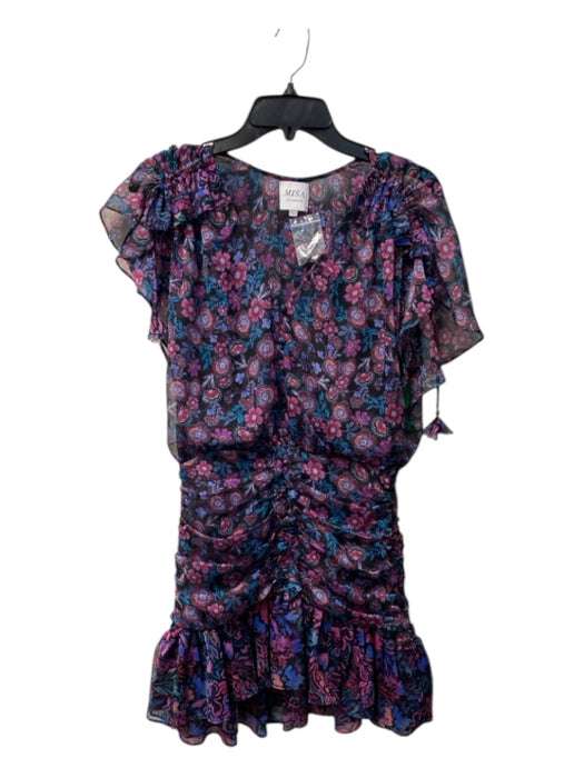 Misa Size XS Purple & Blue Polyester Floral V Neck Side Zip Ruched Detail Dress Purple & Blue / XS