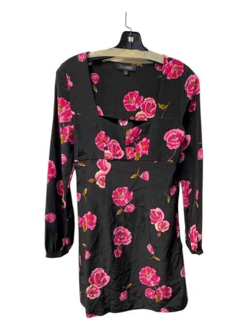 Intermix Size 0 Black & Pink Silk Long Sleeve Sweetheart Neckline Side Zip Dress Black & Pink / 0