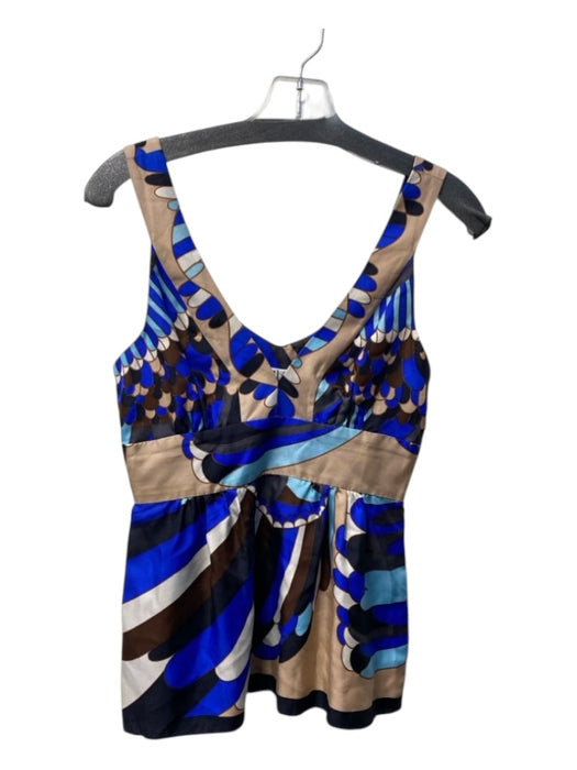 Tibi Size 2 Blue, Black & Beige Silk Side Zip V Front V Back Babydoll Top Blue, Black & Beige / 2