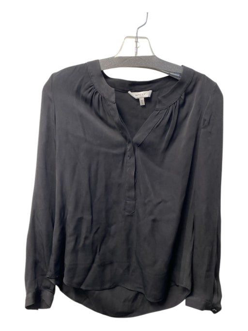 Milly Size 00 Black Silk Blend round split neck Long Sleeve Half Button Top Black / 00